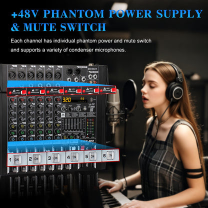 MICNAUX Audio Mixer 6 Channel Professional Mixer Console with 320 DSP Effects, 7-band EQ Sound Mixing Board Digital DJ Mixer w/USB Bluetooth MP3 for Recording, Independent 48V Power & Mute Button