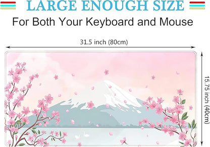 Japanese Desk Mat Pastel Pink Cherry Blossom Mouse Pad Mt Fuji Japan Large Gaming Anime Mousepad XXL 31.5x15.75 in, Kawaii Aesthetic Flower Cute Women Office Decor Computer Laptop Keyboard Mat