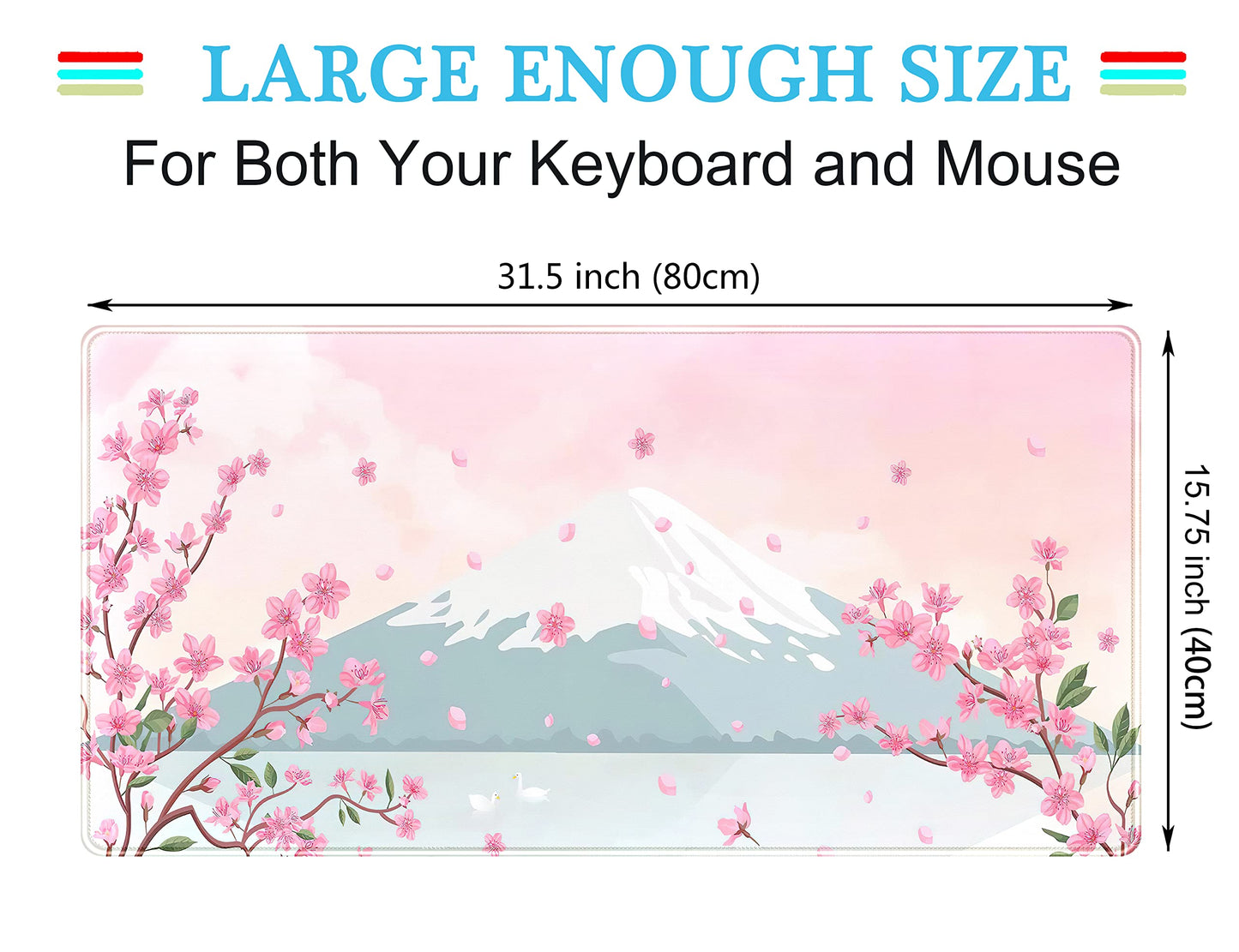 Japanese Desk Mat Pastel Pink Cherry Blossom Mouse Pad Mt Fuji Japan Large Gaming Anime Mousepad XXL 31.5x15.75 in, Kawaii Aesthetic Flower Cute Women Office Decor Computer Laptop Keyboard Mat