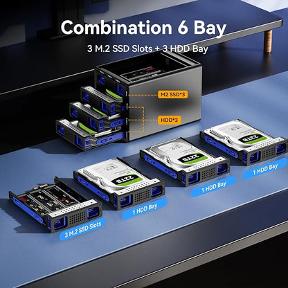 Hybrid 3*2.5/3.5" SATA HDD/SSD+3* M / B+M Key M.2 NVMe Enclosure with Cooling Fan and USB A/C 3.2 Gen 2, Hard Drive Enclosure Support 90TB(3*22TB HDD+3*8TB 2230/2242/2260/2280/22110 SSDs)
