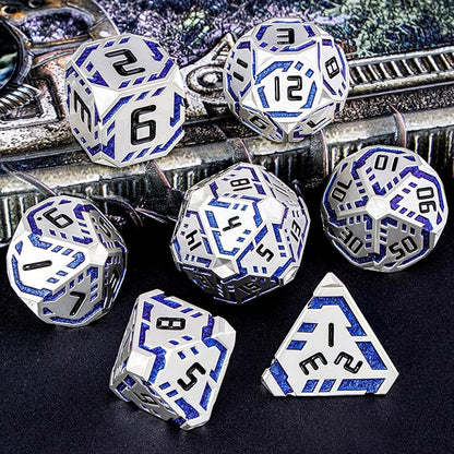 Metal DND Sci-fi Dice Set 7PCS Stripe Polyhedral Dice for Dungeons Dragons RPG Role Playing Game, Glitter D and D Dice with Gift Box D6 D8 D10 D12 D20 (Silver Blue)