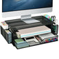 AUPSEN 2 Tier Computer Monitor Stands with Drawer and 2 Pencil Holder, Metal Monitor Stand Monitor riser, Computer Desk Organizer and Accessories for Laptop, Computer, Printer, Office Supplies(Black)