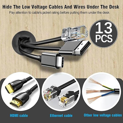 3/4" Black Desk Grommet, JTemgle Flexible Cable Grommet with Bi-Metal Hole Saw Cross Rubber Cable Hole Cover Wire Organizer Caps Desktop Cord Management for Home Office TV Stands Tabletops, 13 Pieces