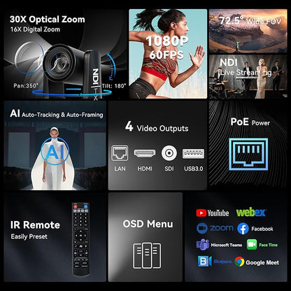 NDI AI Auto-Tracking IP PTZ Camera SDI/HDMI/USB3.0/LAN PoE 30X Optical + 16X Digital Zoom 1080P 60fps for Live Streaming Church Services Education Video Conference with OBS vMix and More
