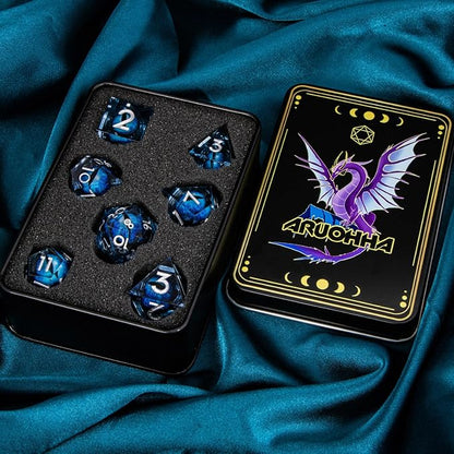 ARUOHHA DND Resin Dice Dragon Eye Dice Liquid Core Blue Sharp Edged Dice Set with Gift Box, Dungeons Polyhedral D and D Dice Set Compatible with D&D Role Playing Game D20 D12 D10 D8 D6 D4