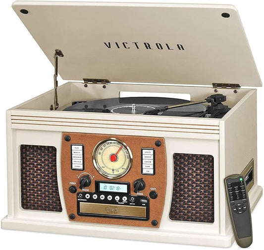 Victrola Navigator 8-in-1 Bluetooth Record Player with Built-in Speakers – 3 Speed Turntable, CD Player, Cassette, FM Radio, USB, RCA Out, Headphone Jack, Wireless Music Streaming, Real Wood (White)