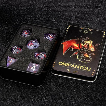 Plum Blossom DND Dice Purple Liquid Core Dice Set with Metal Box, Handmade Sharp Edge Dice D and D Polyhedral Dice for use with D&D RPG Role Playing Game