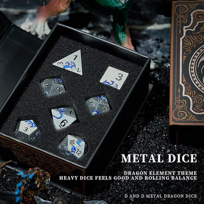 HNCCESG Metal Dragon DND Dice Set,7-Piece RPG Dice,Silver Blue