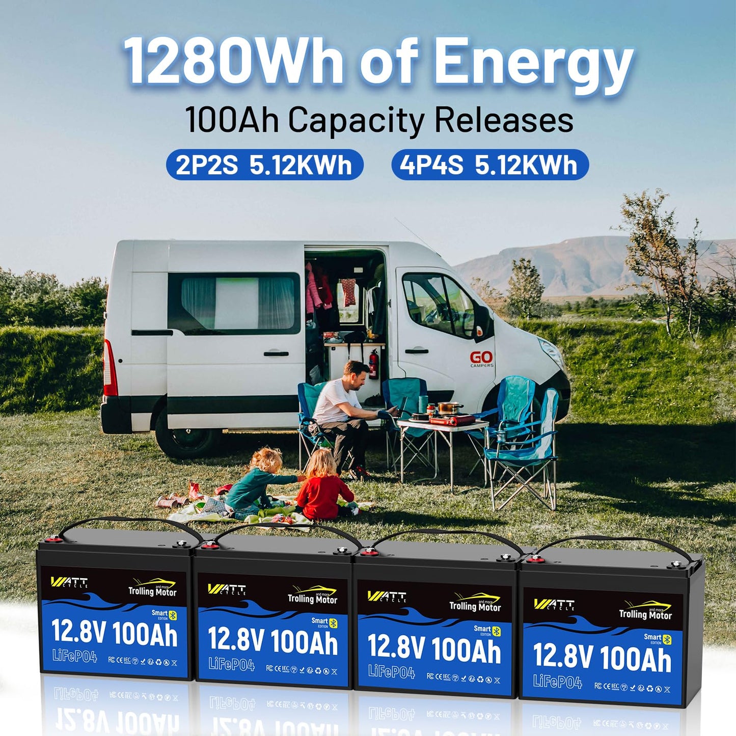 Wattcycle 12V 100Ah LiFePO4 Battery, Lithium Battery 12V 120A BMS, IP67 Marine Batteries for Trolling Motor, Built-in Bluetooth, Monitor, Mobile APP, Perfect for Boat, Marine, RV, Home Energy, Solar