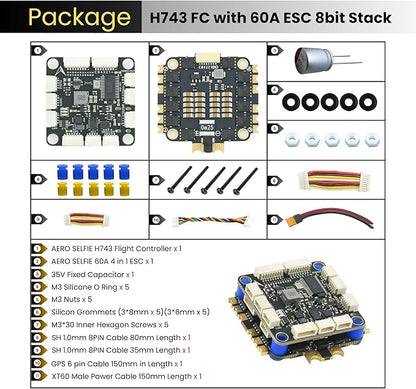 AERO SELFIE H743 Flight Controller with 60A 8 bit ESC 30x30 Stack: Supports 2-6S LiPo, Dual IMU, Compass, Barometer, Compatible with Betaflight, INAV, PX4, Ardupilot for FPV & Racing Drones