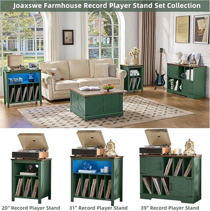 Large Record Player Stand with Vinyl Storage Up to 450 Albums, 39 Inch Farmhouse Wood Green Vinyl Records Storage Cabinet with Barn Doors, Mid-Century Accent Turntable Stand for Living Room