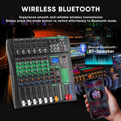 MIZISNR 6 Channel Audio Mixer, Professional DJ Mixer Board Sound Music Mixing Console Digital Mixer with Reverb, Bluetooth, USB Port, 48V Phantom Power for Recording Karaoke Podcasting