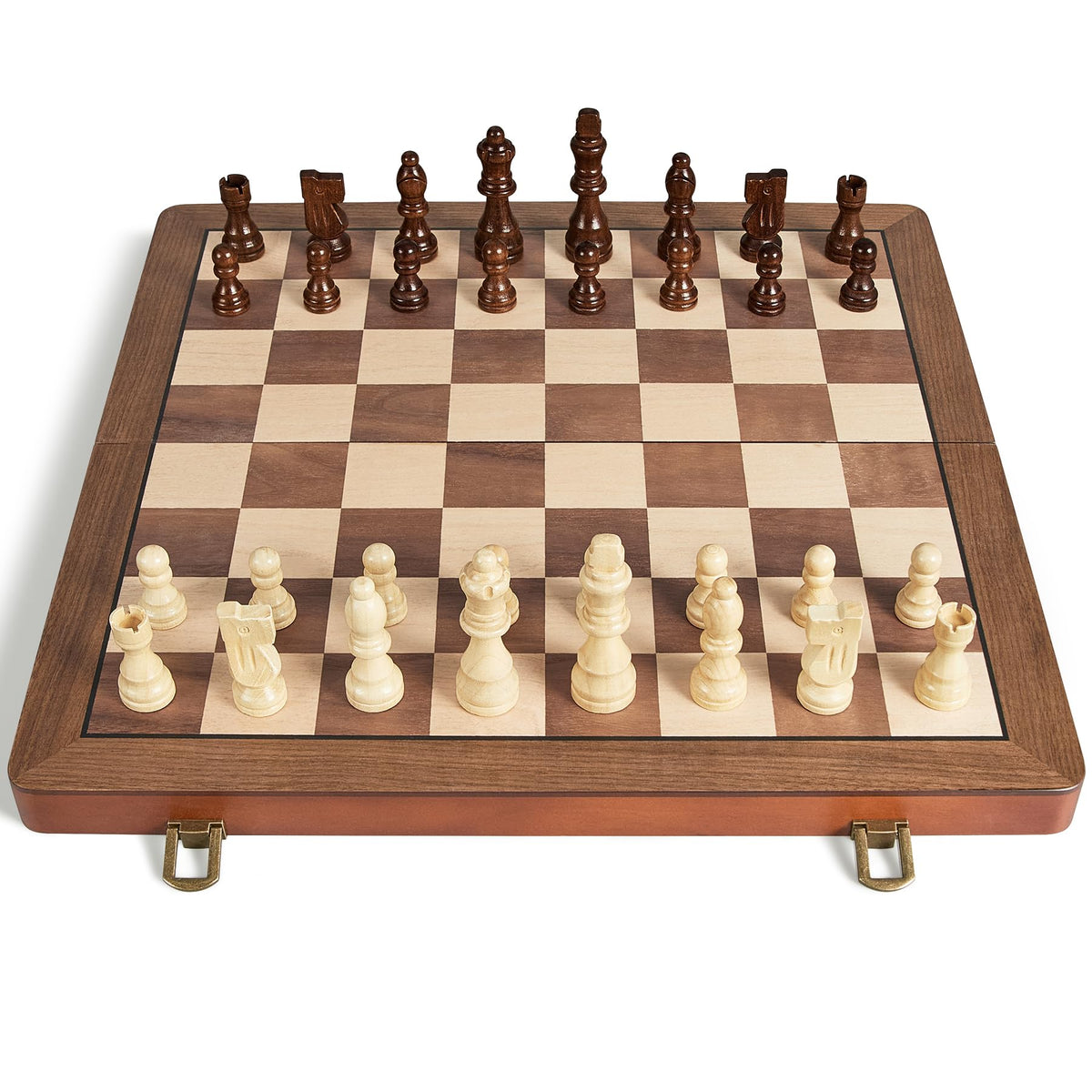ELONGDI 15" Wooden Chess Set with Magnetic Pieces - Extra Queens - Folding Chessboard Portable Travel Tournament Chess Board Games for Adults Kids