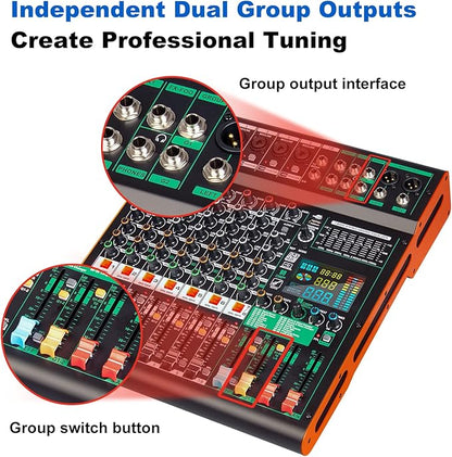 Depusheng TG8 professional dj audio mixer 8 channel input and dual group output with 99-bit dps reverb chip bluetooth usb recording and mp3 playback suitable for stage, bar, recording studio