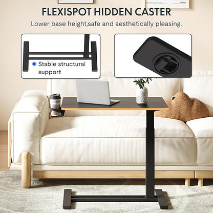 FLEXISPOT Mobile Standing Desk with Wheels Pneumatic Laptop Desk Rolling Computer Cart Movable Height Adjustable Small Sit Stand Desk Computer Workstations Home Use（27.6" W x 15.7" D, Black+Maple