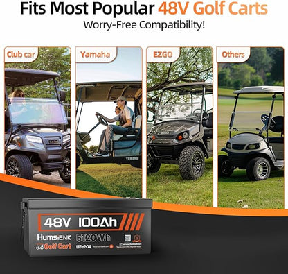 48V 100Ah Lithium Golf Cart Battery Group 8D with Bluetooth, Built-in 200A BMS 15000+ Deep Cycle LiFePO4 Battery with Low-Temp Protection for Golf Carts, RV, Off-Grid, Trailers & Marine