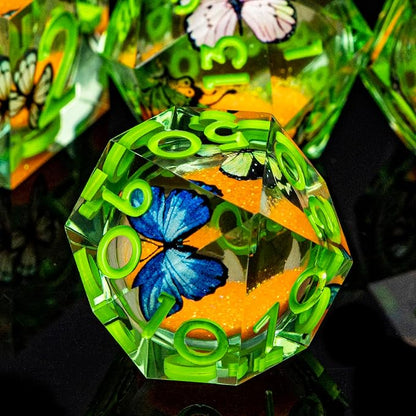 Butterfly DND Dice Green Liquid Core Dice Set with Metal Box, Handmade Sharp Edge D and D Polyhedral Dice for use with D&D Role Playing Game, D20 D12 D10 D8 D6