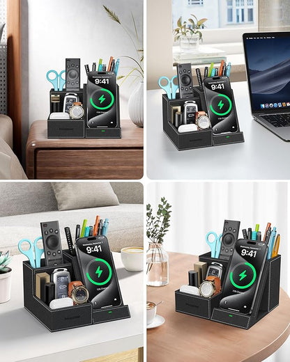 Wireless Charger with Desk Organizer, Pen Pencil Holder, Multifunctional Desktop Organizer, Office Supplies and Desk Accessories Organizer with 3 Compartments and 1 Phone Stand