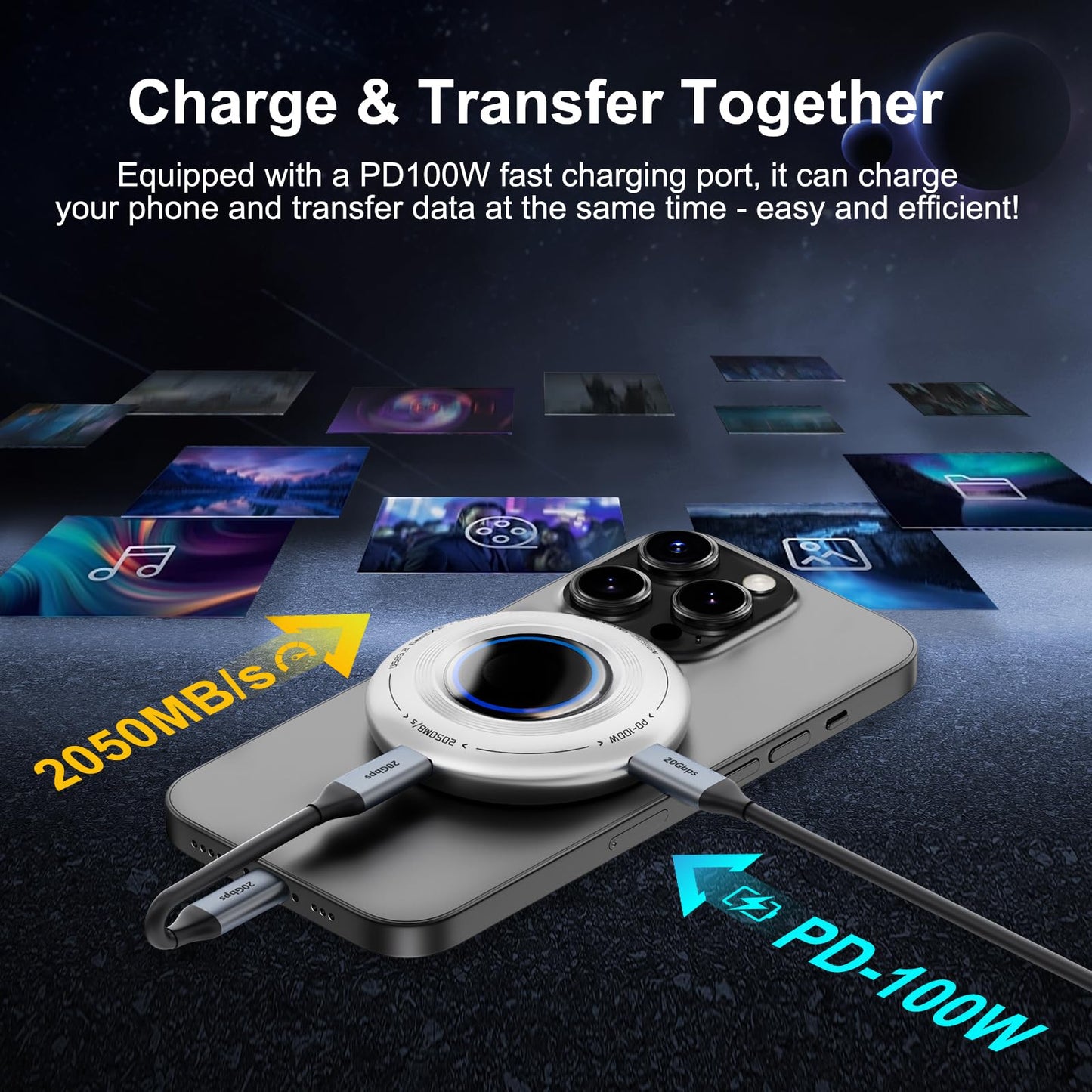 FP108 2TB Magnetic Portable SSD, External Solid State Drives with PD-100W and 2050MB/s USB-C 3.2 Gen 2x2, Play While Charging, Compatible with iPhone 16/15 Pro Max, Android, PC, Mac, Switch Lite