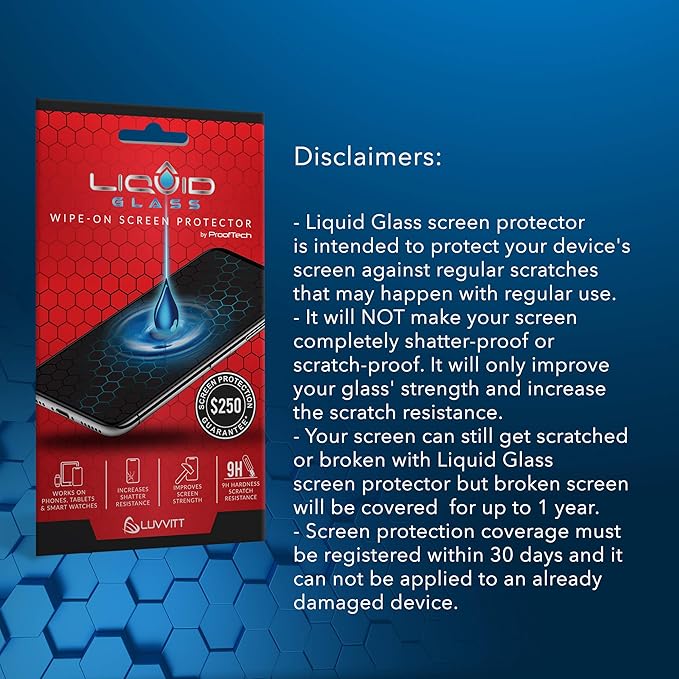 LIQUID GLASS Screen Protector With $250 Protection Coverage | Wipe On Scratch and Shatter Resistant Nano Technology for All Phones Tablets and Smart Watches - Universal Fit (New and Advanced)