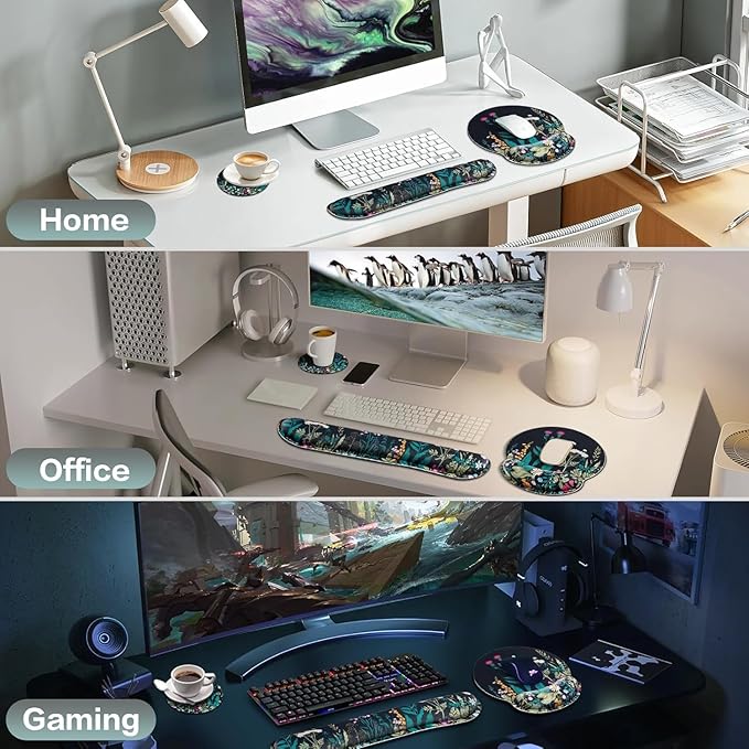 Mouse Pad with Wrist Rest Set, Qomolama 3-in-1 Wrist Support Mouse Pad Set, Floral Gaming Mousepad with Anti-Skid Base,Ergonomic Mouse Pad,Memory Foam Keyboard Gel Wrist Rest