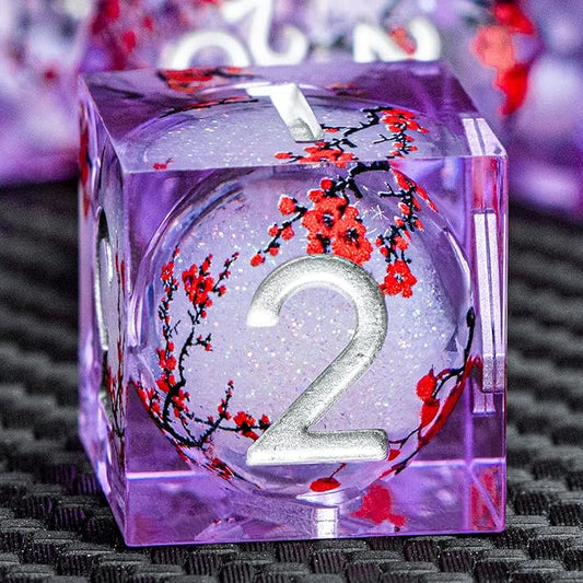 ARUOHHA DND Resin Dice Plum Blossom Liquid Core Silver Purple Sharp Edged Polyhedral Dragons Dice Set with Gift Box, Dungeons D and D Dice Compatible with D&D Role Playing Game D20 D12 D8 D6 D4