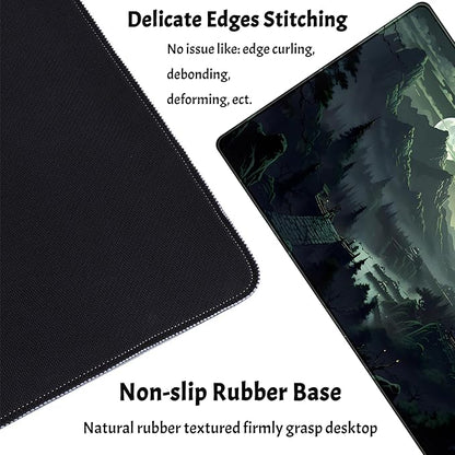 XXL Large Gaming Mouse Pad Anime Green Moon Mountains Desk Mat, Desk Decor Mousepad Computer Mat, Non-Slip Rubber Base Desk Pad, Laptop Keyboard and Mouse Mat with Stitched Edges, 31.5x15.75 in