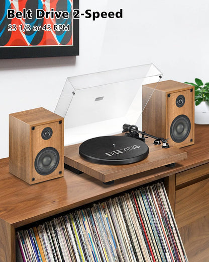 SeeYing Vinyl Record Player with 36 Watt Stereo Bookshelf Speakers