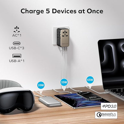 MOMAX Universal Travel Adapter, 170W GaN International Power Adapter, 2 USB-C 2 USB-A, Worldwide Travel Plug Adapter, International Power Adapter for Most Europe, USA, Japan, Australia (Type C/A/G/I)