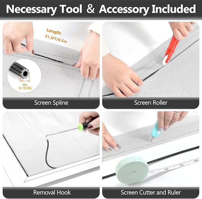 Window Screen Door Repair Kit, 39" x 78" Screen Door Mesh Replacement Kit, Durable Fiberglass Mesh Screen Roll with Tools for Windows Doors Patio and Porch Screens Replacement, Grey