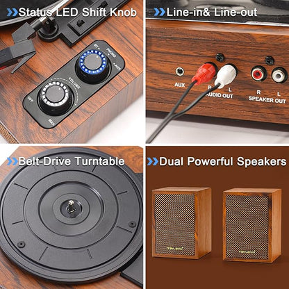 Vinyl Record Player with External Speakers, 3 Speed Vintage Stereo Turntable for Vinyl Records, Bluetooth Input, Auto Stop & Belt Driven System, RCA Out and Aux in - Brown Wood