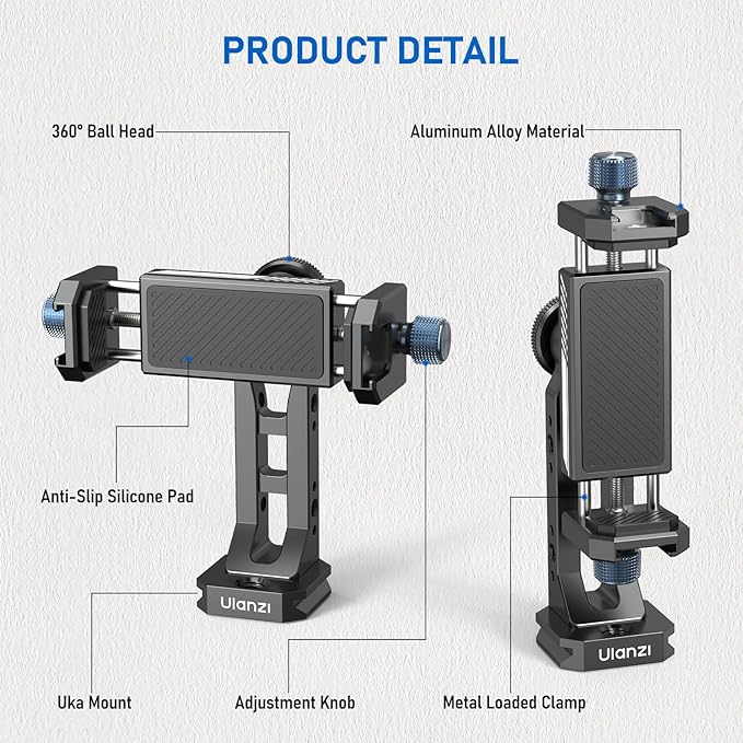 Ulanzi MA53 Metal Tripod Phone Mount, Smartphone Tripods Adapter with Arca Swiss/Uka Port, 2 Cold Shoe, 360° Cellphone Tripod Mount, iPhone Samsung Holder for Photo Video Vlogging Rig