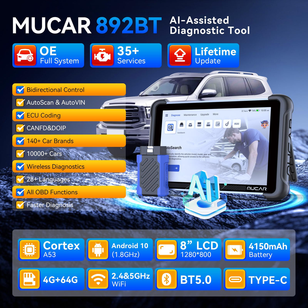 MUCAR 892BT Full System AI Bidirectional Scan Tool, Free Lifetime Updates