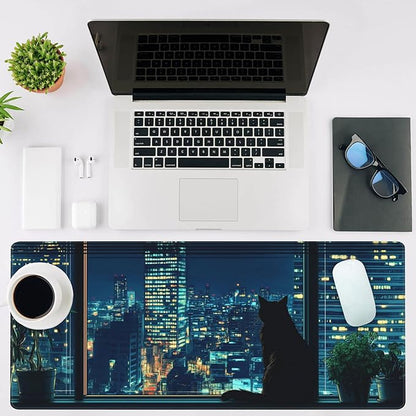 Mouse Pad Large Black Cat Non-Slip Gaming Desk Mat with Stitched Edge Laptop Keyboard Desk Pad for Work Home Gaming (35.4 x 15.7 Inches)