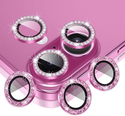 AGVEE 3+3 6 Pack for iPhone 16 6.1" / 16 Plus 6.7" Camera Lens Cover Protector, Bling Diamond & Bling Glitter Metal Ring 9H Tempered HD Glass Camera Cover Protector Film, Bling-Rose