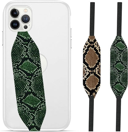 Phone Grip Strap - Pack of 2 Reversible Finger Holder for Phone Back, Customizable Anti-Slip Design, Wireless Charging Compatible Detachable Holder for iPhone - Brown & Green Snake Skin