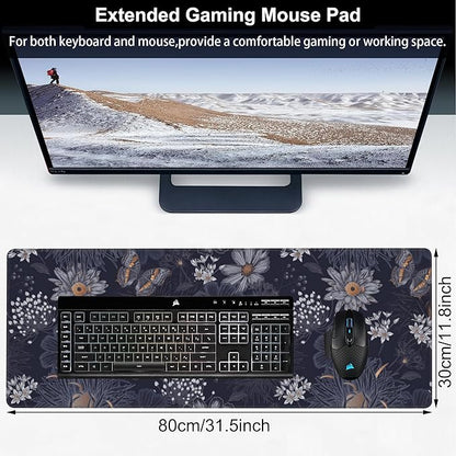 Wildflowers and Insects Desk Mat,Large Cute Flowers Butterflies and Dragonflies Gaming Keyboard Mouse Pad,Non-Slip Rubber Base Desk Pad Thick Stitched Edges Waterproof Mousepad Mouse Mat 31.5"x11.8"