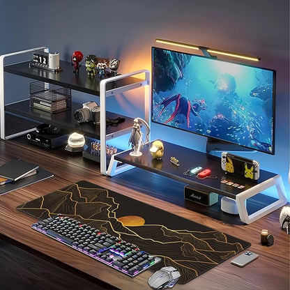 Golden Mountain and Moon Desk Mat,Large Luxury Gold Line Art Gaming Keyboard Mouse Pad,Non-Slip Rubber Base Desk Pad Thick Stitched Edges Waterproof Mousepad Mouse Mat 31.5"x11.8"