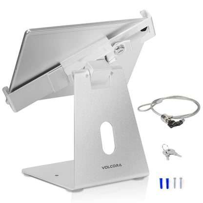 Volcora Anti-Theft Tablet Stand iPad Kiosk Stand with Lock, Silver 10-13'' iPad Stand for Desk, Swivel, Adjustable iPad Holder For Desk, iPad Mount For Desk For POS Register, Retail Business, Cashier