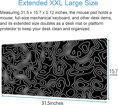Black and White Topographic Map Gaming Mouse Pad - XXL Extended Desk Mat for Keyboard & Mouse (31.5" x 15.7") with Non-Slip Base & Stitched Edges - Washable Surface for Computer or Gaming Desk