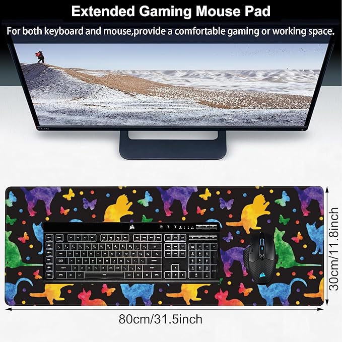 Colorful Cats and Butterflies Desk Mat,Large Watercolor Kittens Butterfly Gaming Keyboard Mouse Pad,Non-Slip Rubber Base Desk Pad Thick Stitched Edges Waterproof Mousepad Mouse Mat 31.5"x11.8"