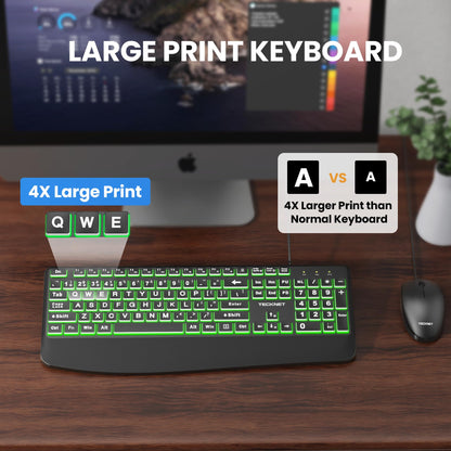 TECKNET Wired Keyboard and Mouse Combo, 7 Color Backlit Large Print Ergonomic Keyboard with Wrist Rest, Soft Typing, USB Plug & Play, Silent Keyboard Mouse Set for PC, Mac, Laptop, Blue