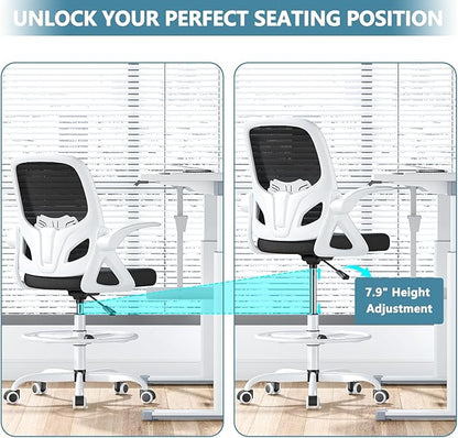 Tall Drafting Chair with Footrest Ring for Home and Work, Ergonomic Home Desk Office Chair with Flip up Arms and Lumbar Support, Extended Height Executive Desk Office Chair(White)