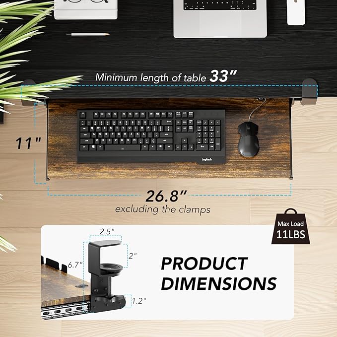 AX WABER Keyboard Tray Under Desk Pull Out with Extra Sturdy C Clamp Mount System, 27.3 (32.5 inch Including Clamps) x 11 Inch Slide-Out Platform Computer Drawer for Typing Vintage AX01WG02
