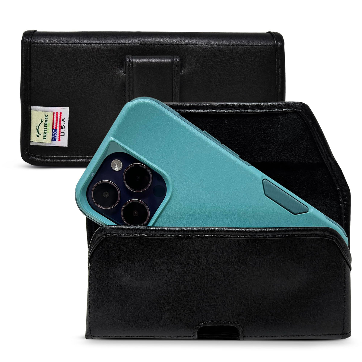 Turtleback Belt Holder for iPhone 16 Pro, 16e, 15 pro 14 Pro 13 Pro -Small- Fits w/Slim MagSafe Style Cases, Premium Black Leather Horiz. Belt Holster, Magnetic Closure, Leather Wrapped Belt Clip