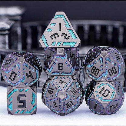 Metal DND Sci-fi Dice Set 7PCS Stripe Polyhedral Dice for Dungeons Dragons RPG Role Playing Game, Glitter D and D Dice with Gift Box D6 D8 D10 D12 D20 (Black&Green Purple)