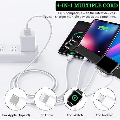 4 in 1 Watch & Phone Charger Cable, Multi Charging Cord, Fast Magnetic Cable USB Type C for Apple Watch, iPhone, Pods, Android & More / 3.3ft