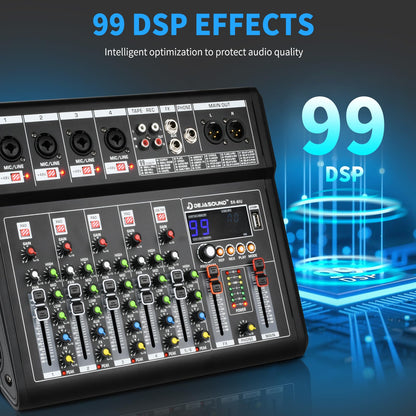6-Channel Audio Mixer for PC, SX-6iu Mixing Console with XLR Inputs, Bluetooth, 99 Digital Signal Processor Effects, USB Interface, MP3 Compatible for Podcast, Music, Recording 9.84"x2.17"x12.6"inches