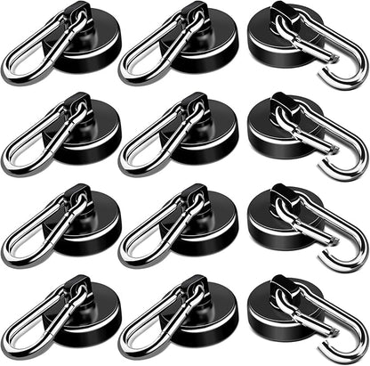 LOVIMAG Strong Magnetic Hooks, 70LBS Magnetic Hooks Heavy Duty Strong Neodymium Magnets with Carabiner Hook, Magnet Hooks with Swivel for Kitchen, Hanging, Cruise, Grill, Refrigerator - 12 Pack Black