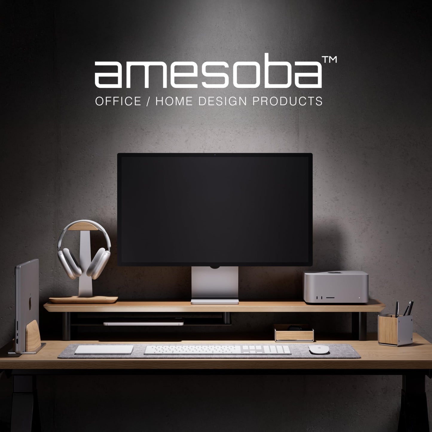 amesoba White Oak Dual‑Tier Ergonomic Desk Setup – Modern Wooden Monitor Stand & Workspace Riser, Home Office & Minimalist Aesthetic (White Oak, Large)